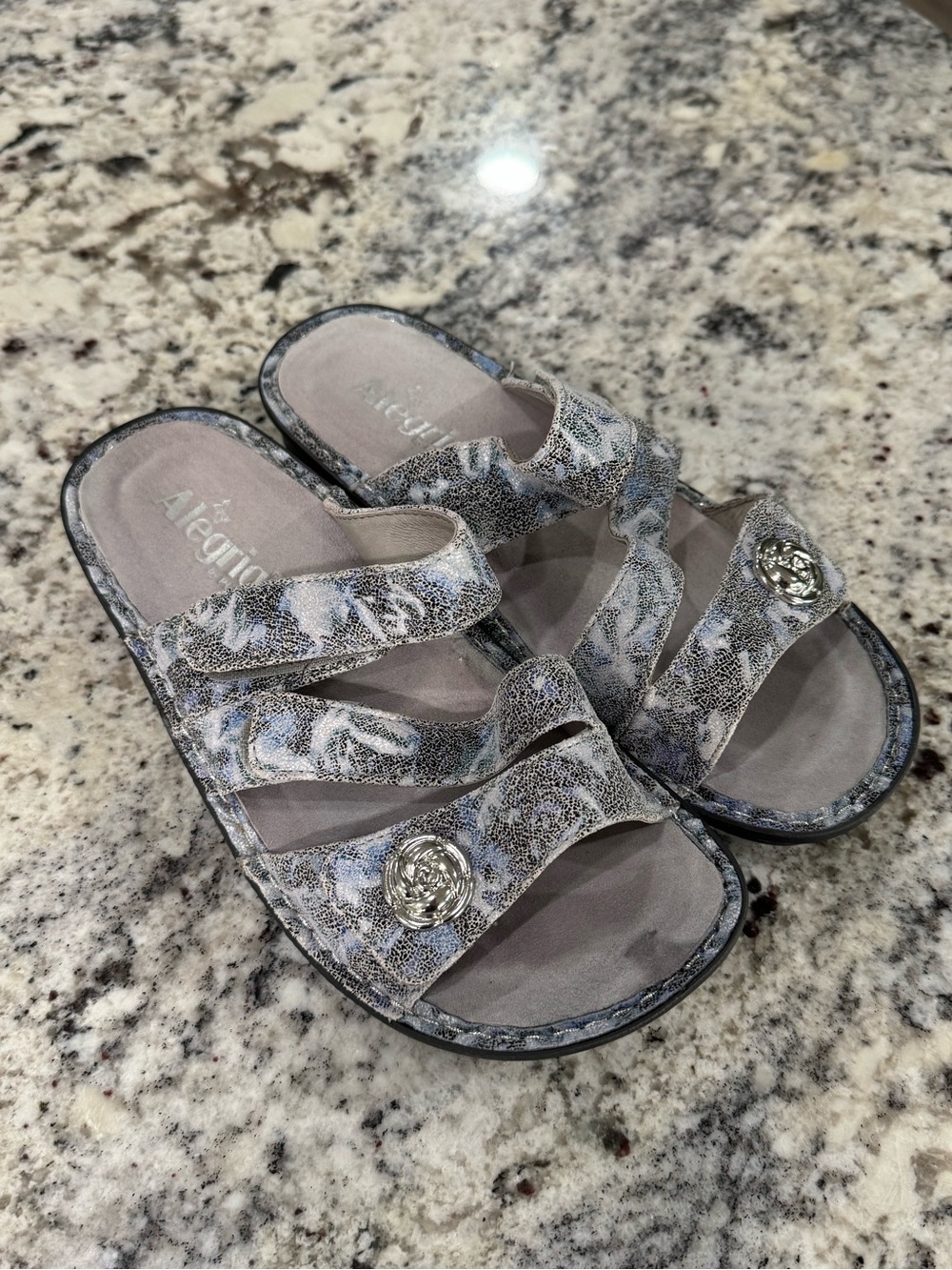 Alegria Silver Floral Multi-Gray Strap Slide Sandals